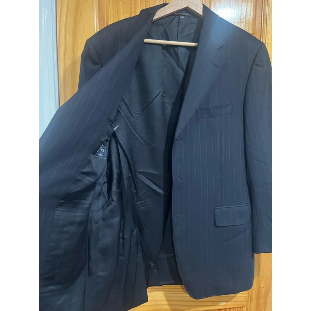 Men’s Canali Navy Blue Pinestripe Super 120s Wool Vintage Luxury Suit Jacket